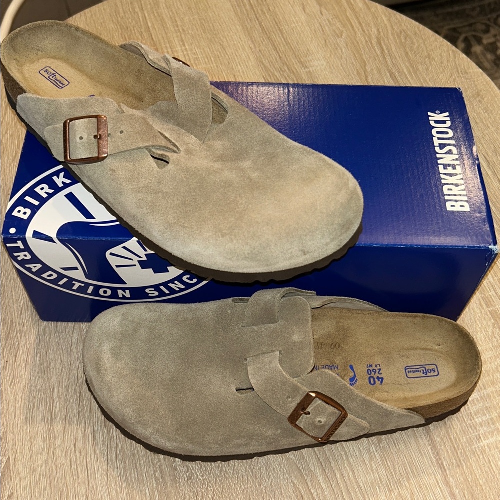 Birkenstock Taupe Suede Boston Clogs with Strap